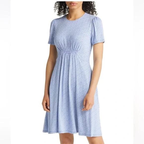 Boden NEW Bluebell Geo Blooms Short Sleeve Smocked A-line Shirt Dress SZ 4R - Picture 1 of 11